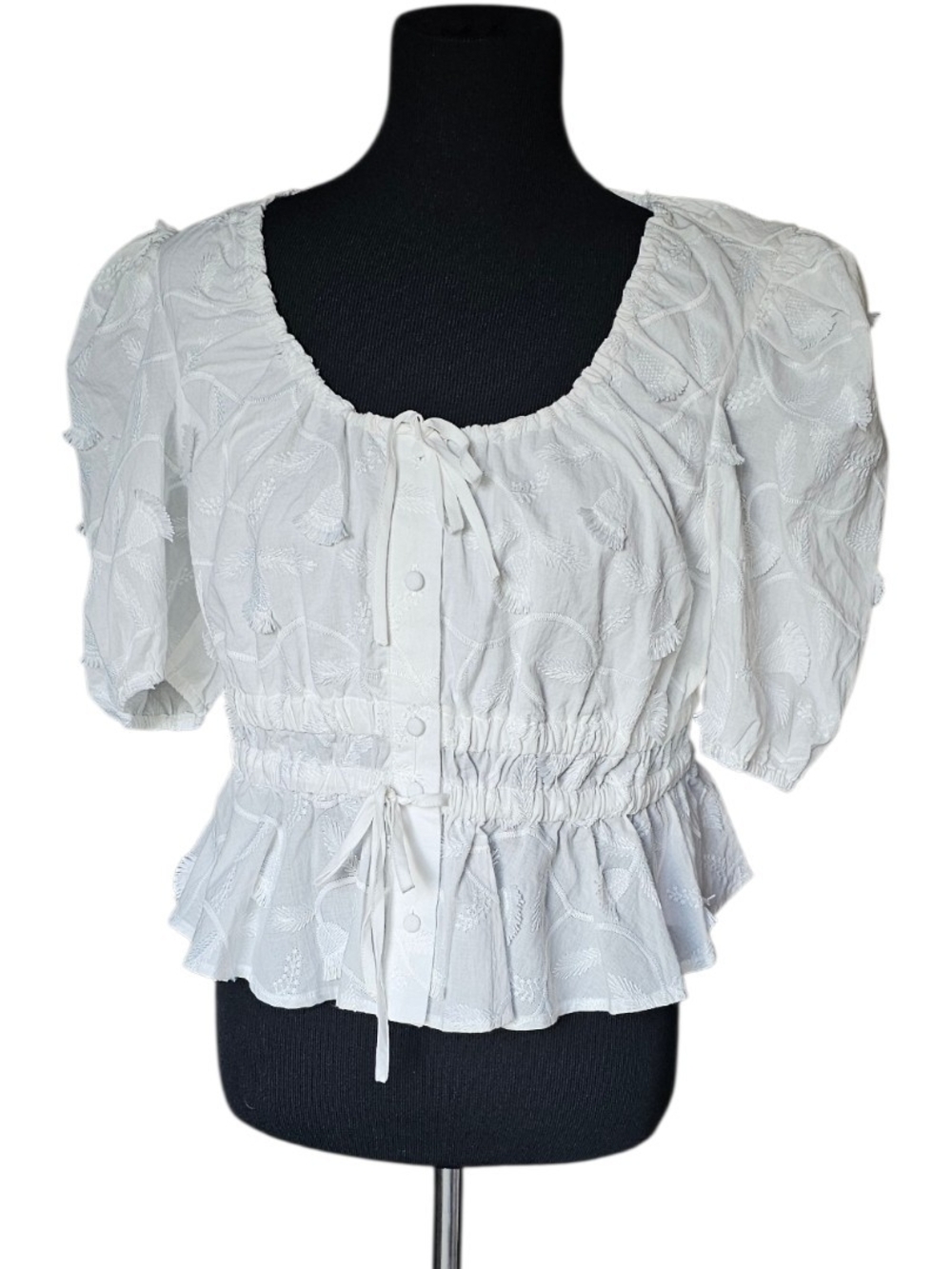 Joie Embroidered Puff Sleeve Peplum Blouse White Cotton Medium